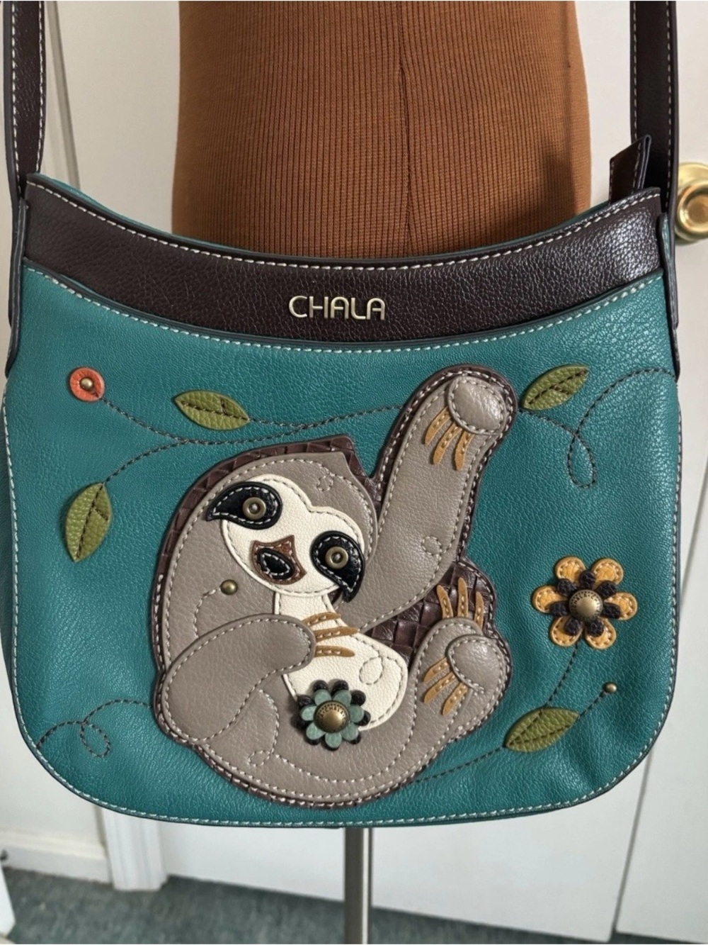 Chala Turquoise & Brown Sloth Shoulder Purse / Crossbody Bag Vegan Leather Cute!